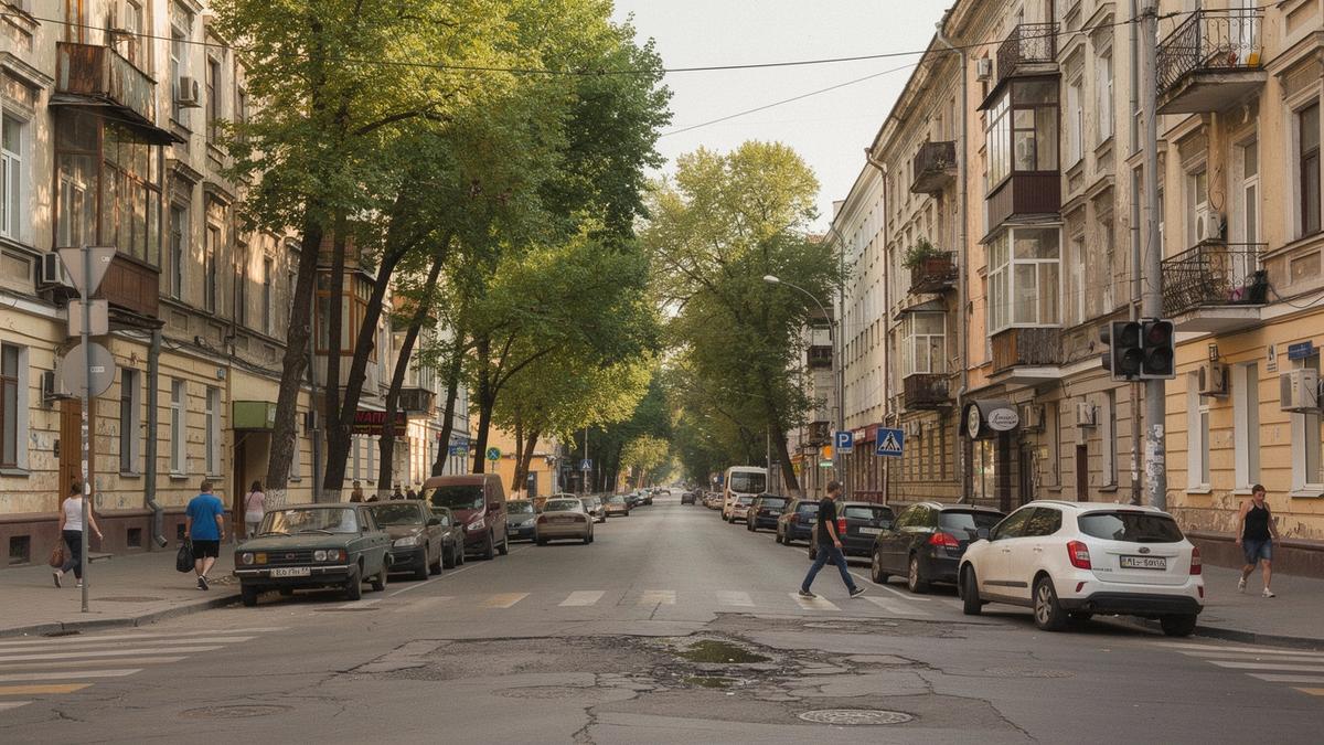 Tree-lined avenue with historic apartment buildings in Kyiv