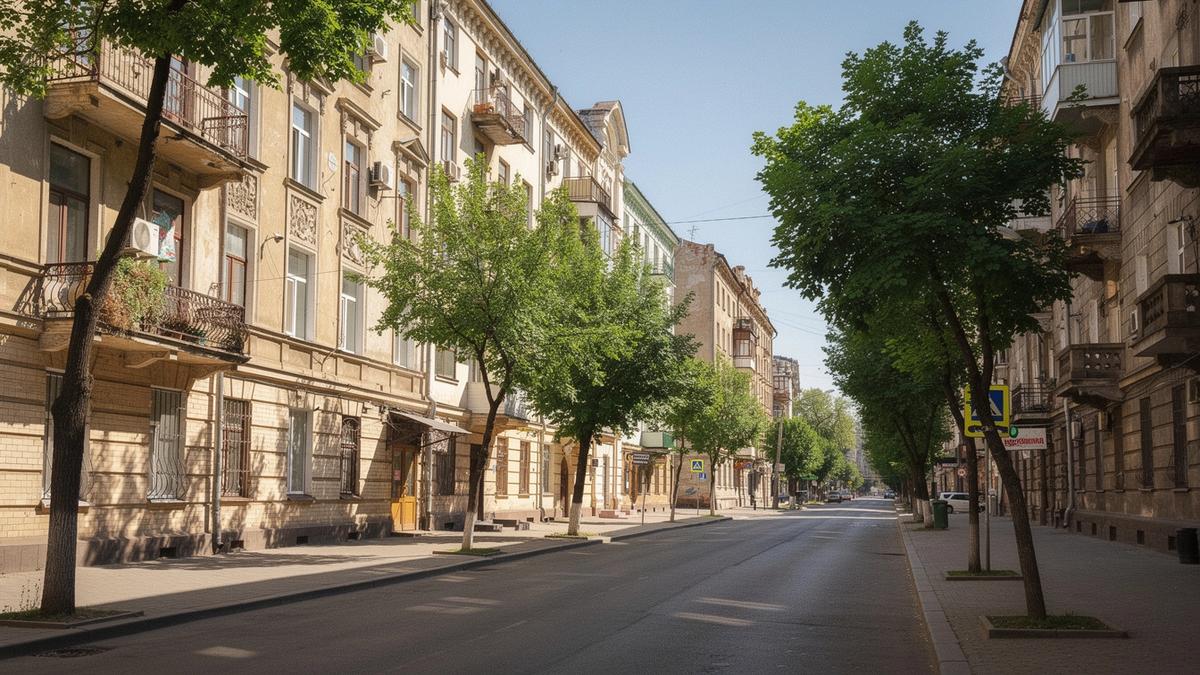 Tree-lined Kyiv street with historic apartment buildings