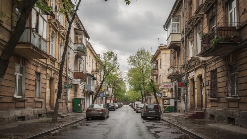 A quiet street of low-rise apartments in Podil, Kyiv