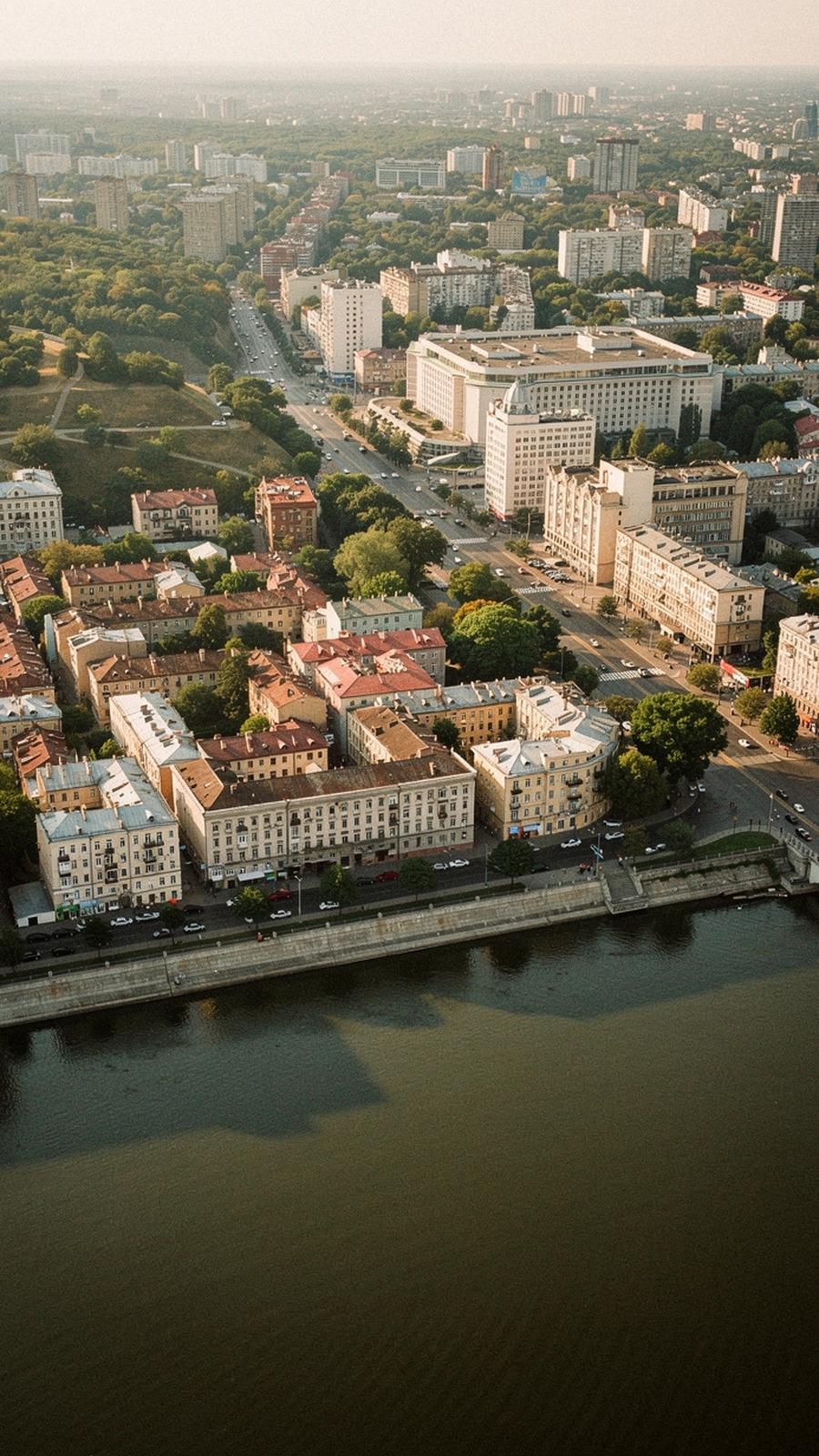 Aerial view of central Kyiv districts along the Dnipro river