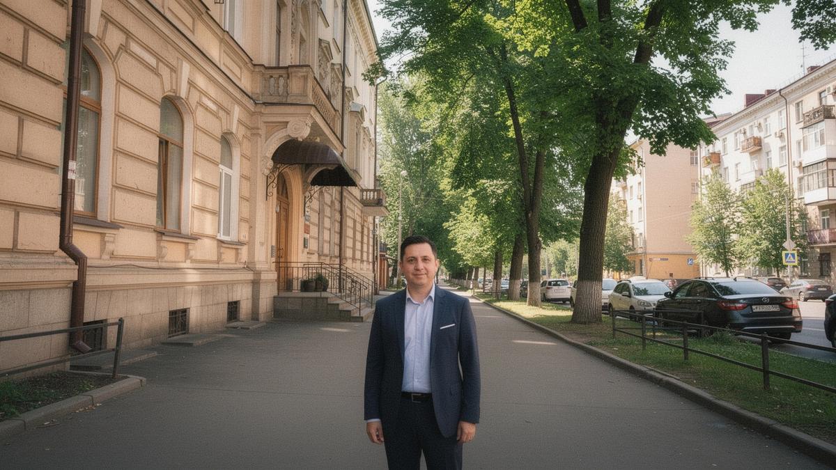 A licensed broker reviewing a Kyiv apartment building entrance