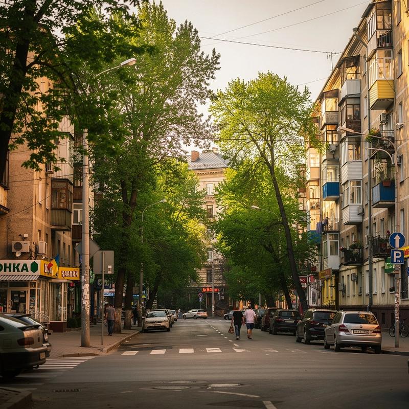 Tree-lined residential street in Kyiv
