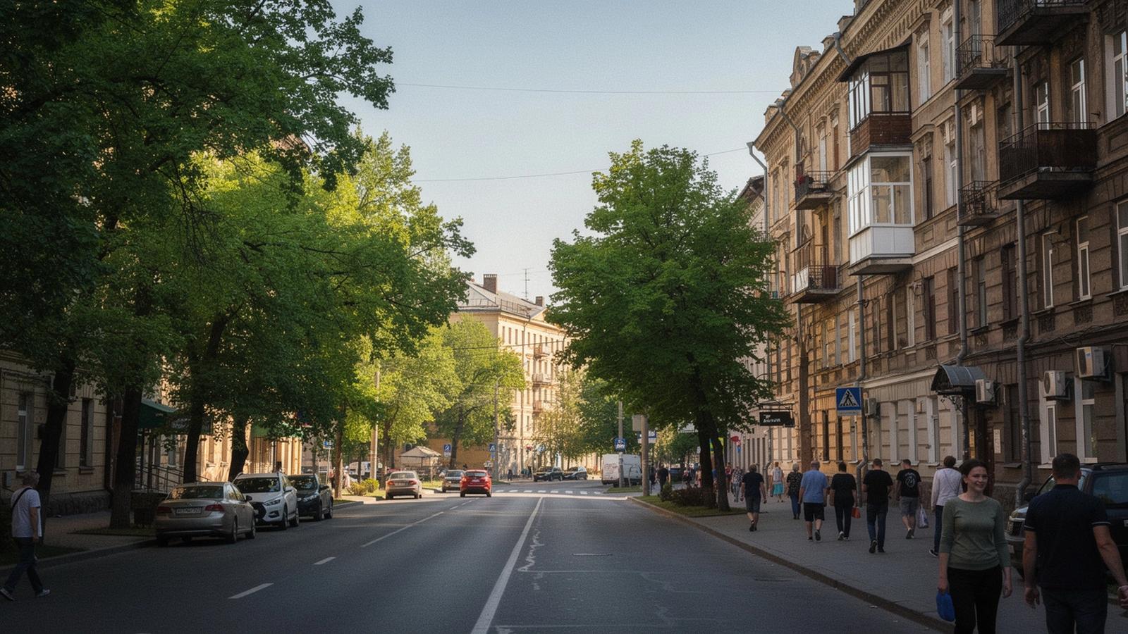 Tree-lined Velyka Vasylkivska Street in Kyiv with historic apartment buildings and pedestrians