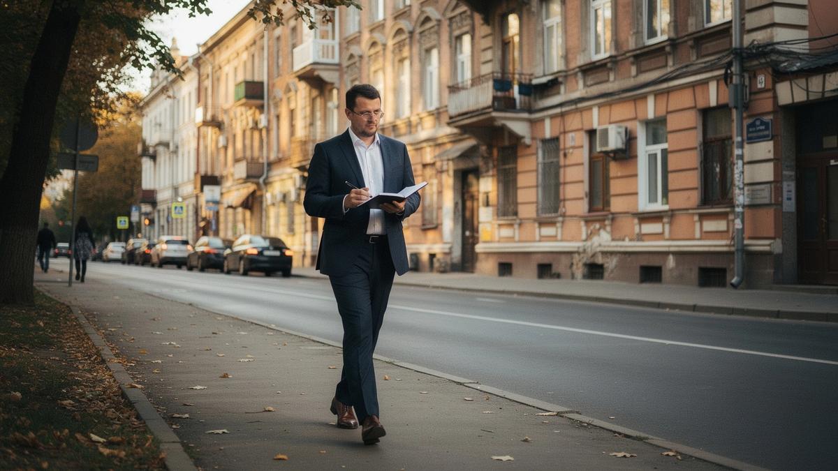 Agent walking a tree-lined Kyiv street to verify an apartment listing
