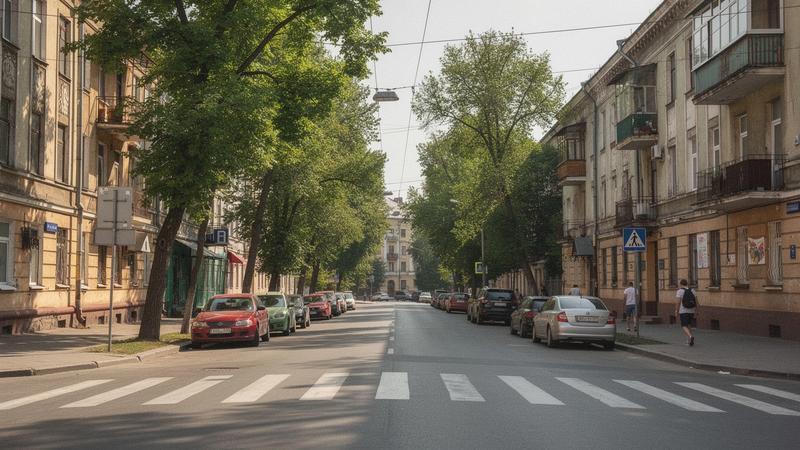 Tree-lined street with pre-war apartment buildings in Kyiv