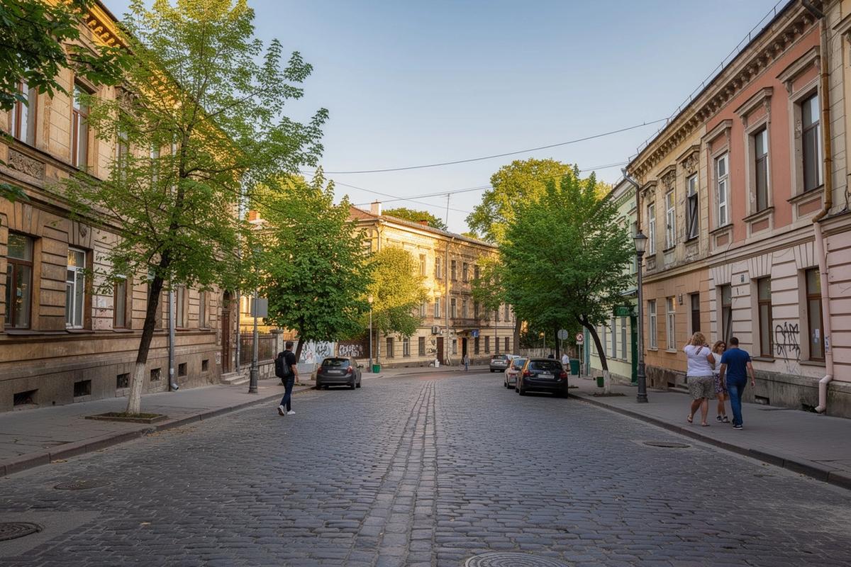 Historic Podil street in Kyiv with low-rise buildings and cobblestones
